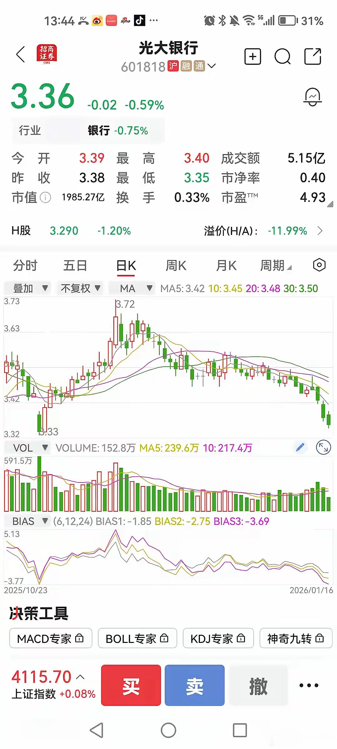 有位股友问，现价3.3块的光大银行合不合理？是在一个低位吗？他认为，当下的光大银