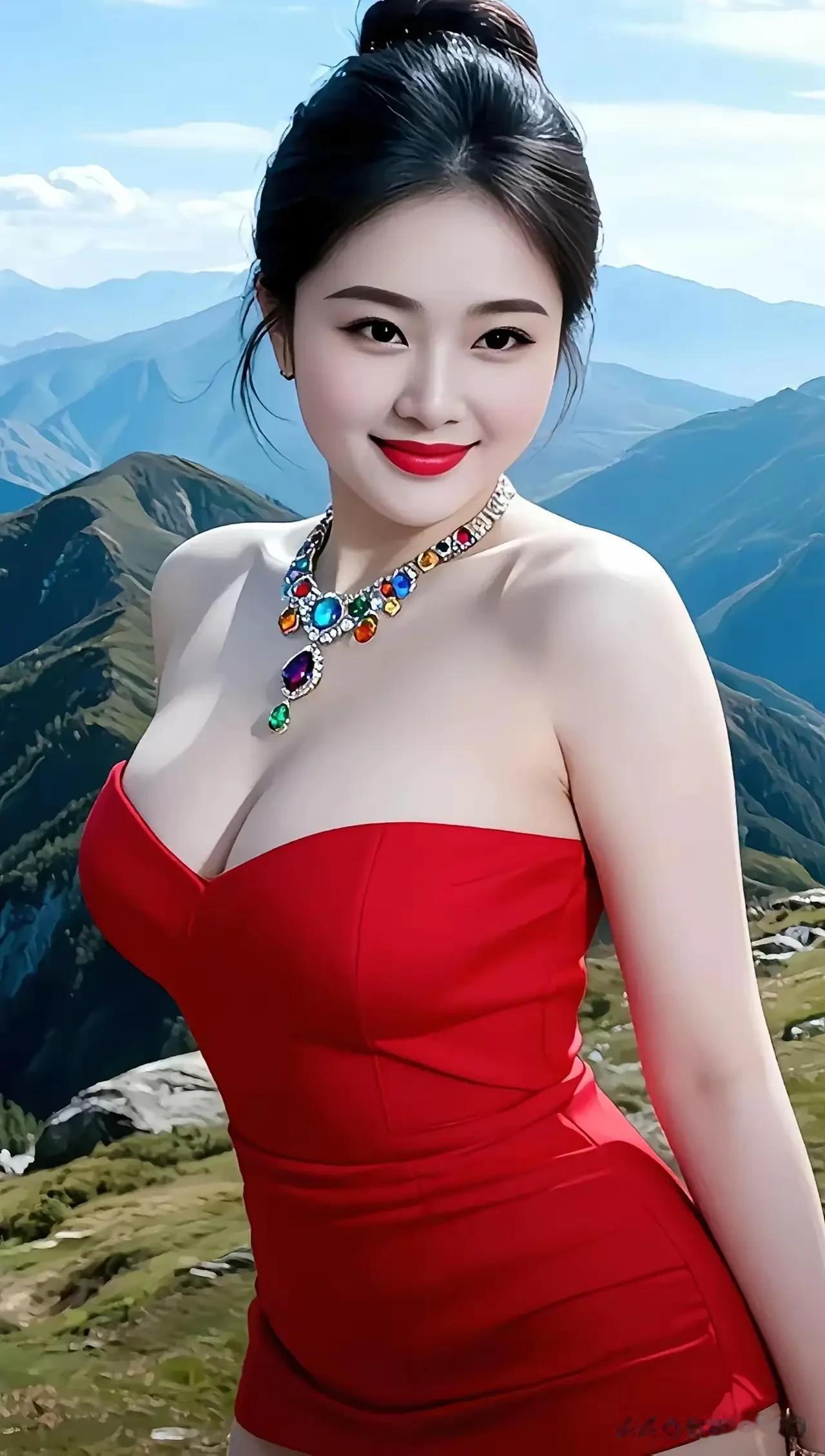 五律·山野俏妍层峰横远碧，云影漫遥天。绛袂凝芳艳，珠辉衬丽颜。嫣然含浅