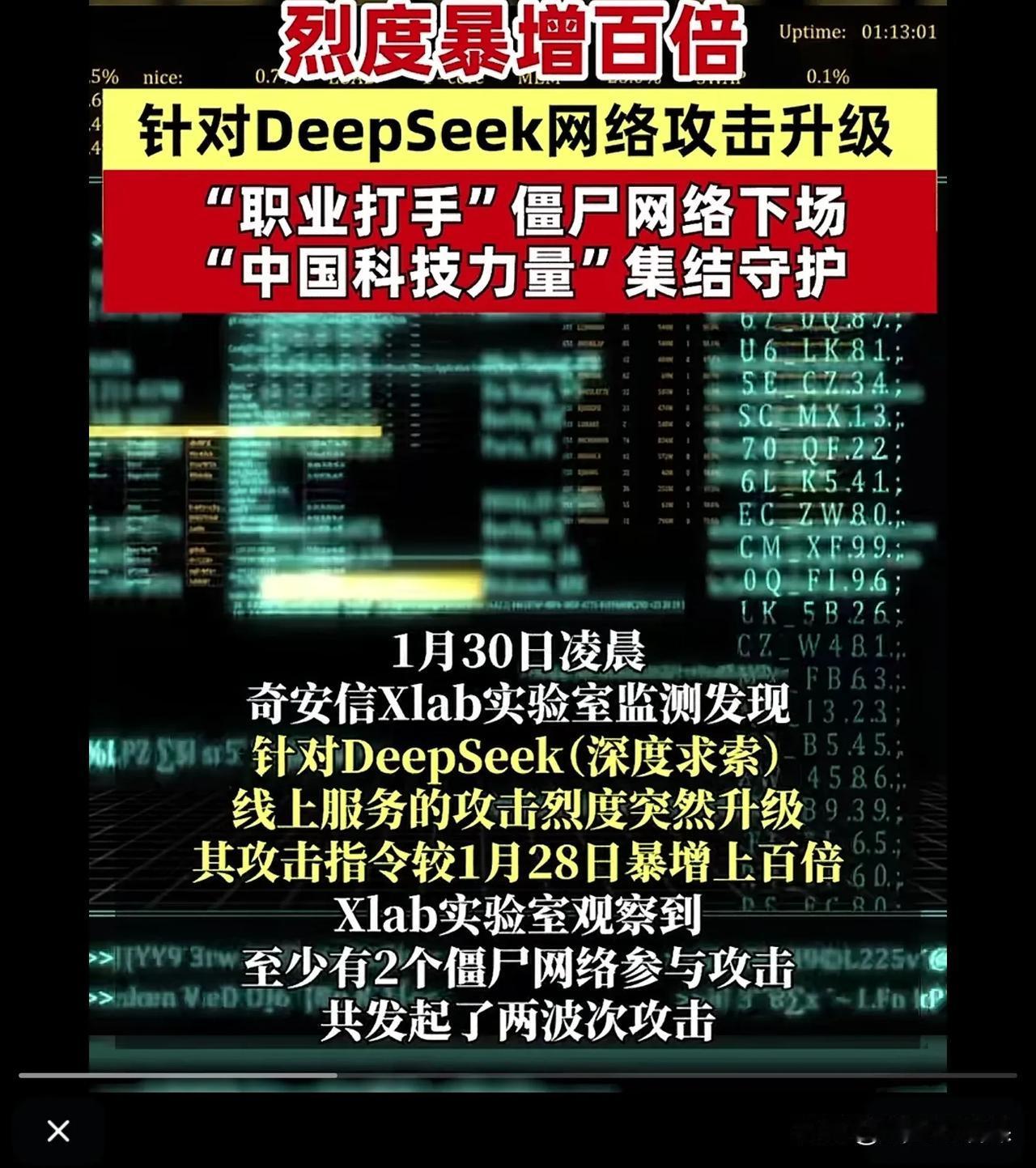 烈度暴增百倍，职业打手僵尸网络下场。针对DeepSeek的网络攻击升级，前两天3