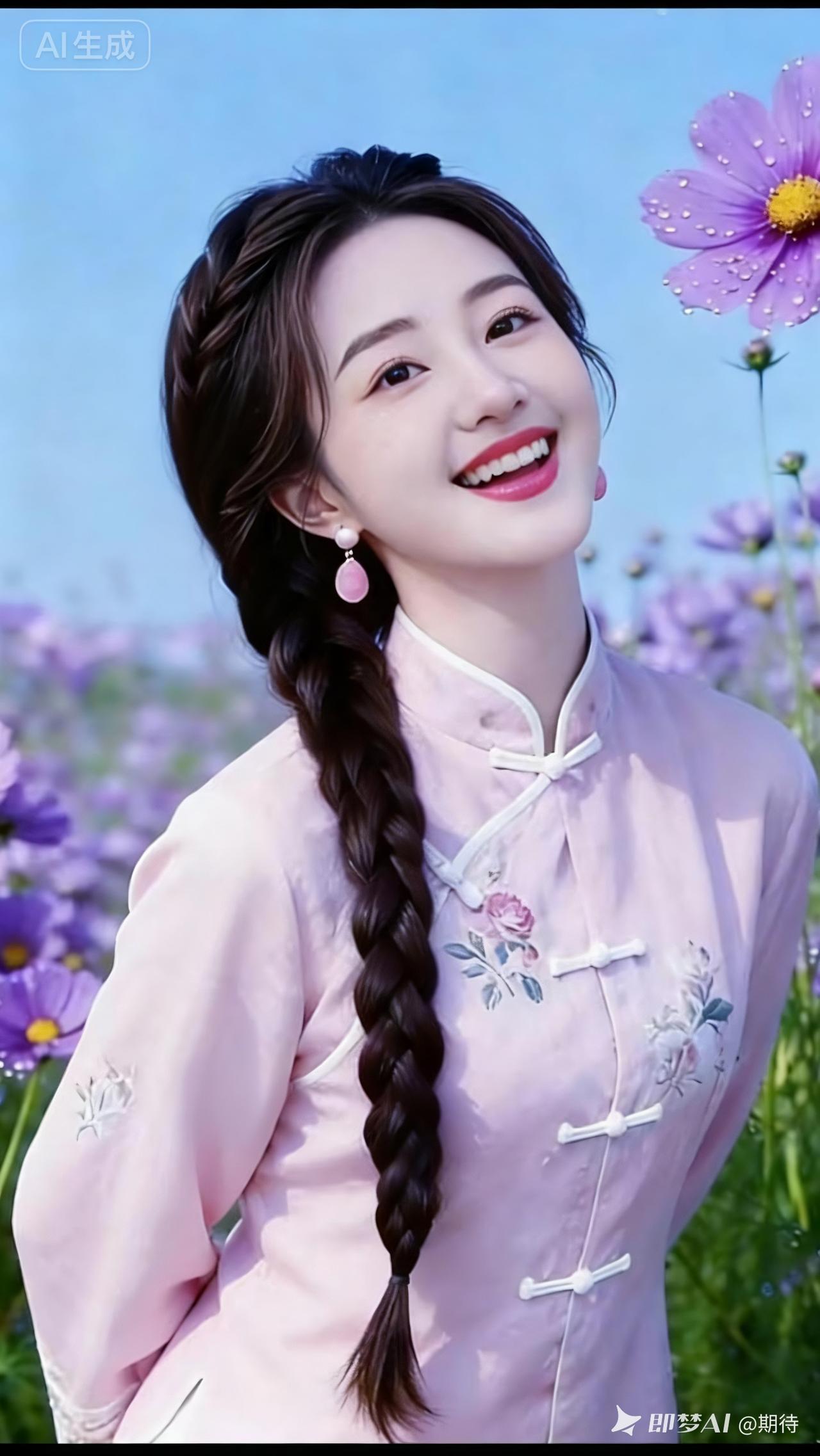 粉嫩汉服少女，花海中绽放微笑🌸💖