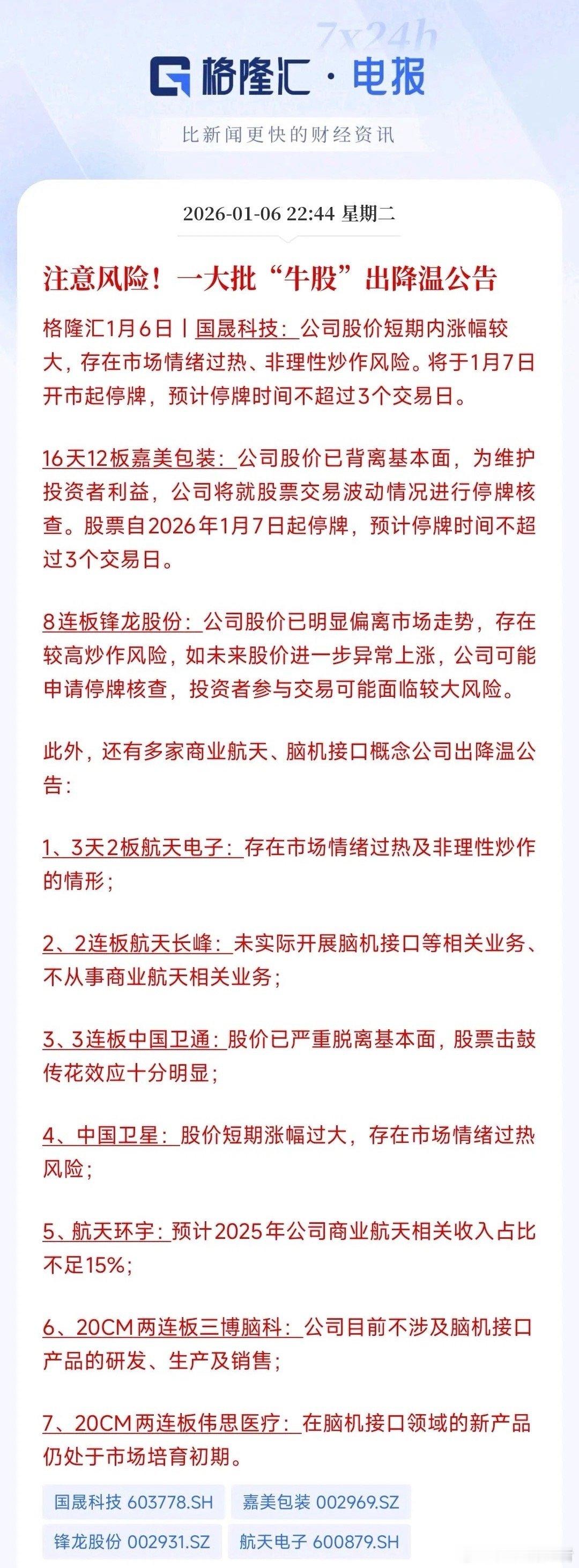 A股连续两日强势冲高，随即迎来降温调控，商业航天等热门板块龙头股及总龙头嘉美包装