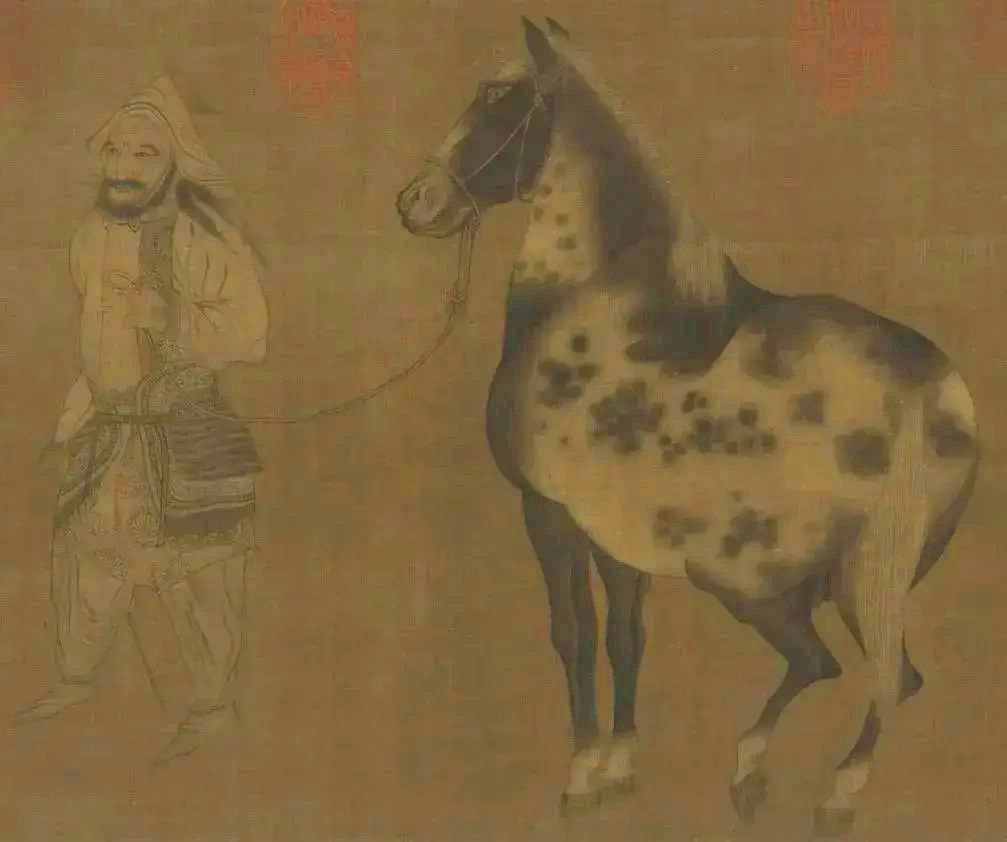 五代赵品《调马图》。赵品（活动于10世纪），五代后梁画家，生平记载甚少，仅《宣