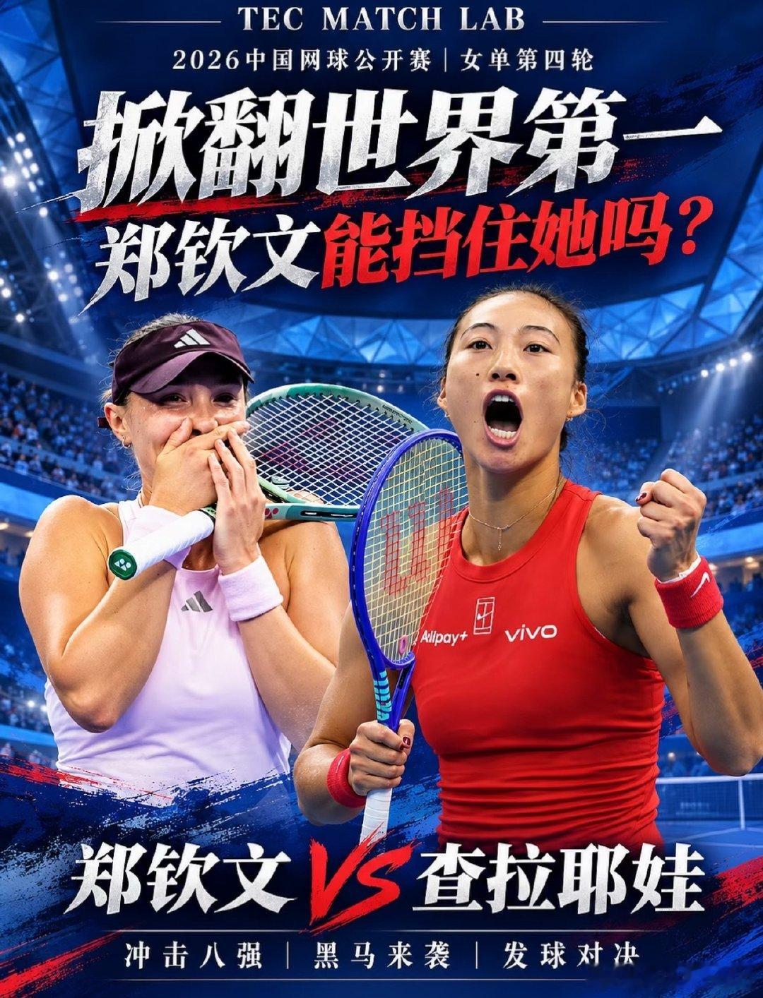 #中网女单第四轮对阵出炉#[点赞]bs。郑钦文这一场不好打，查拉耶娃状态正热，刚掀翻了莱巴金娜。 但