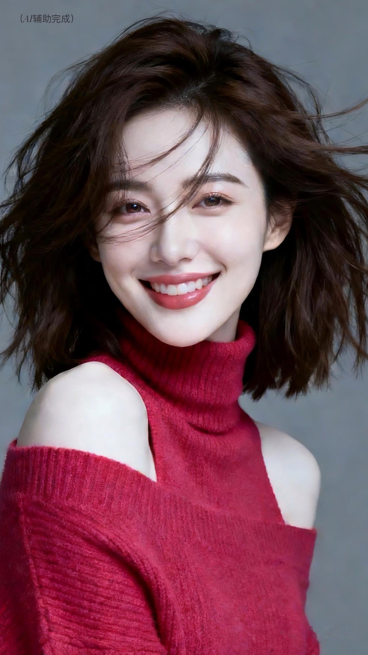 深棕卷发随风扬，红玫酒露肩毛衣裹雅姿。眉眼弯弯笑靥甜，红唇明艳眸藏光。灰调虚化衬