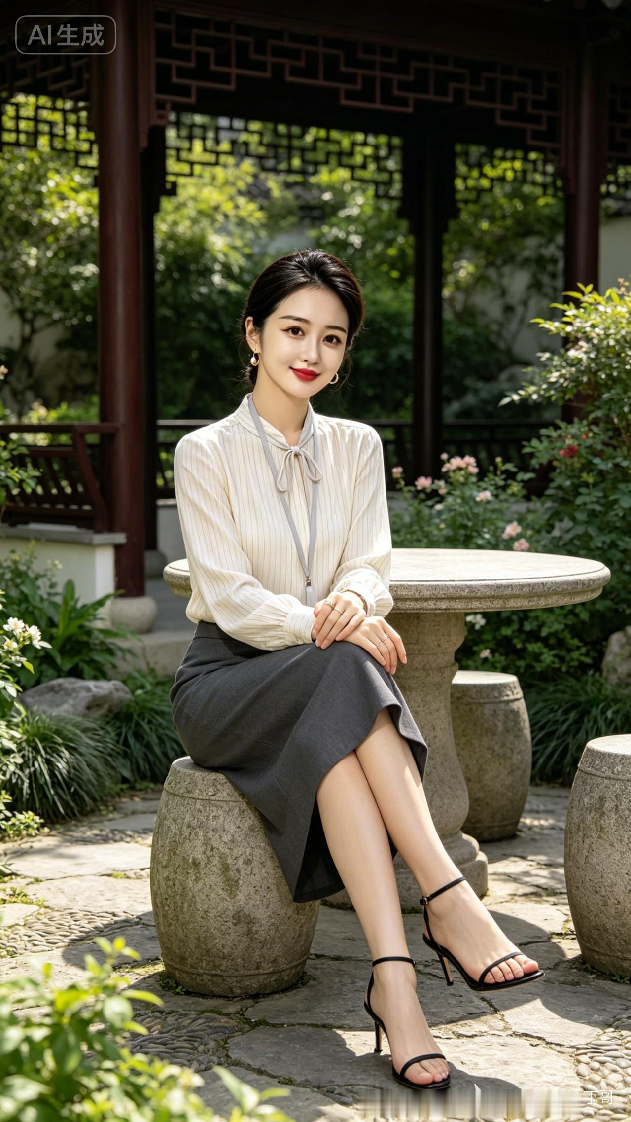 园林静姝古亭叠翠绕芳丛，石凳闲栖雅致容。素带轻丝垂领畔，灰裙温婉衬清风。