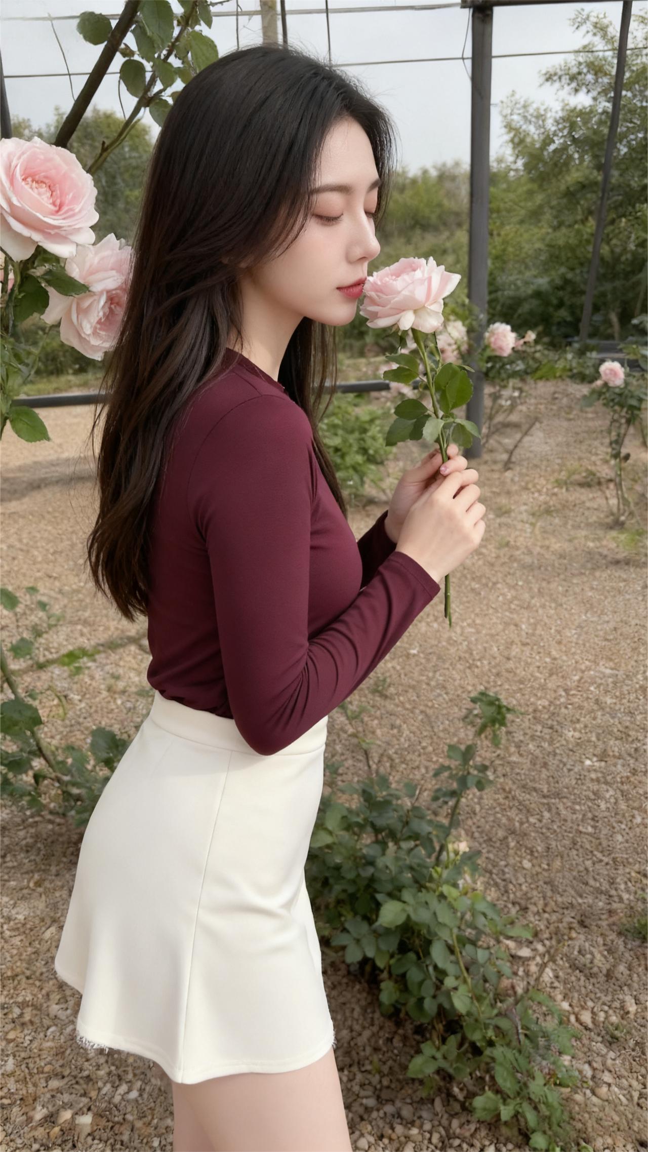 “红衫白裙伴蔷薇，一笑嫣然花亦羞。”