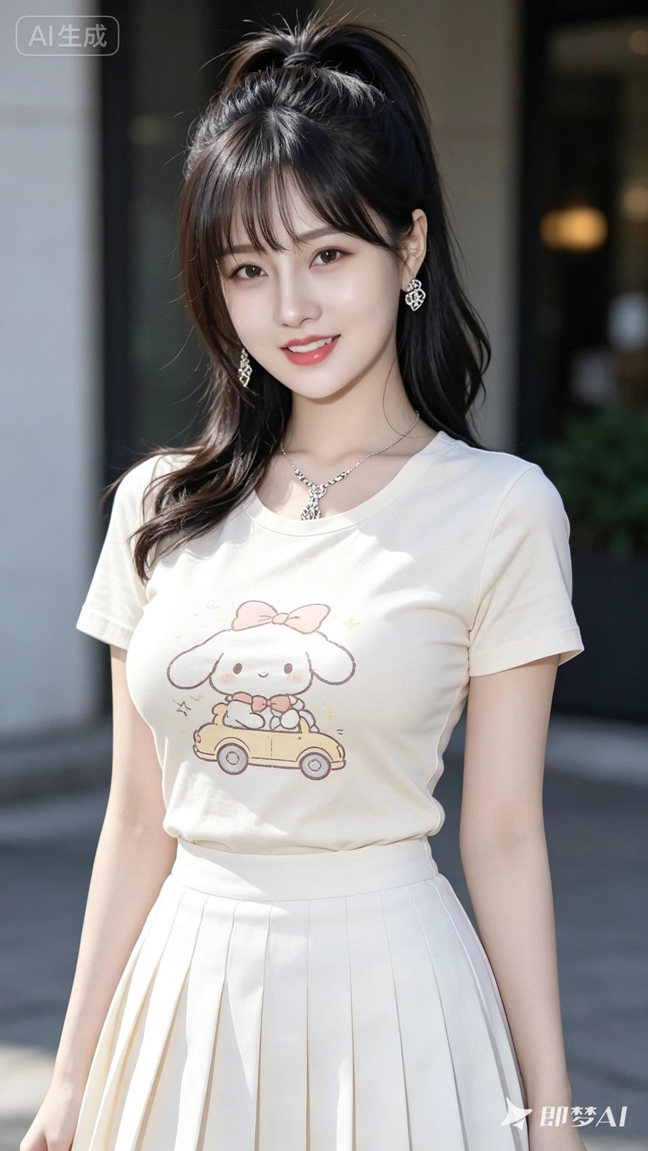 这位美女穿着可爱的兔子T恤，搭配白色裙子，真漂亮！