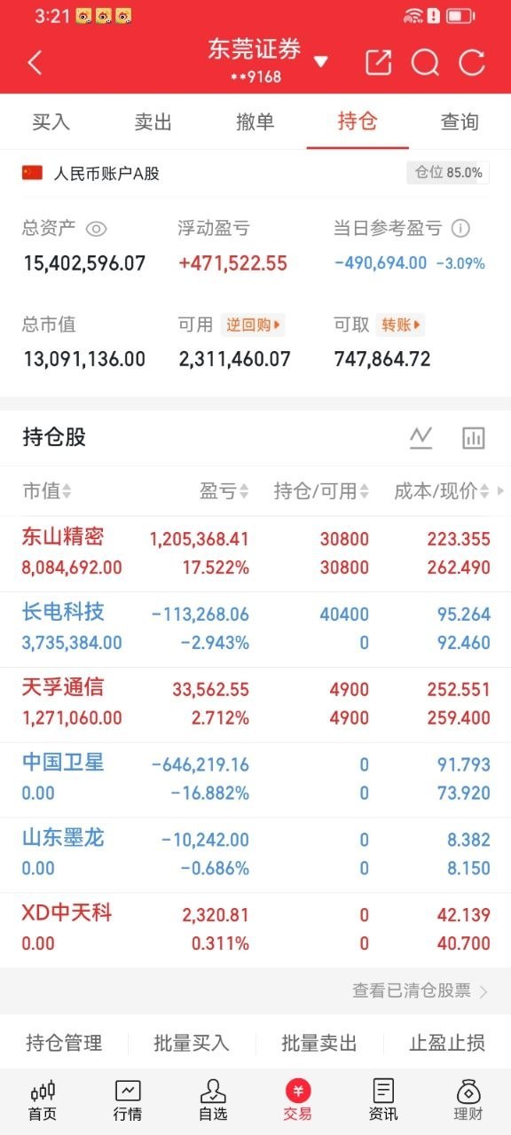 势哥收盘持仓复盘当前仓位85.0%，账户今日回撤3.09%。✅东山精密为第一大重