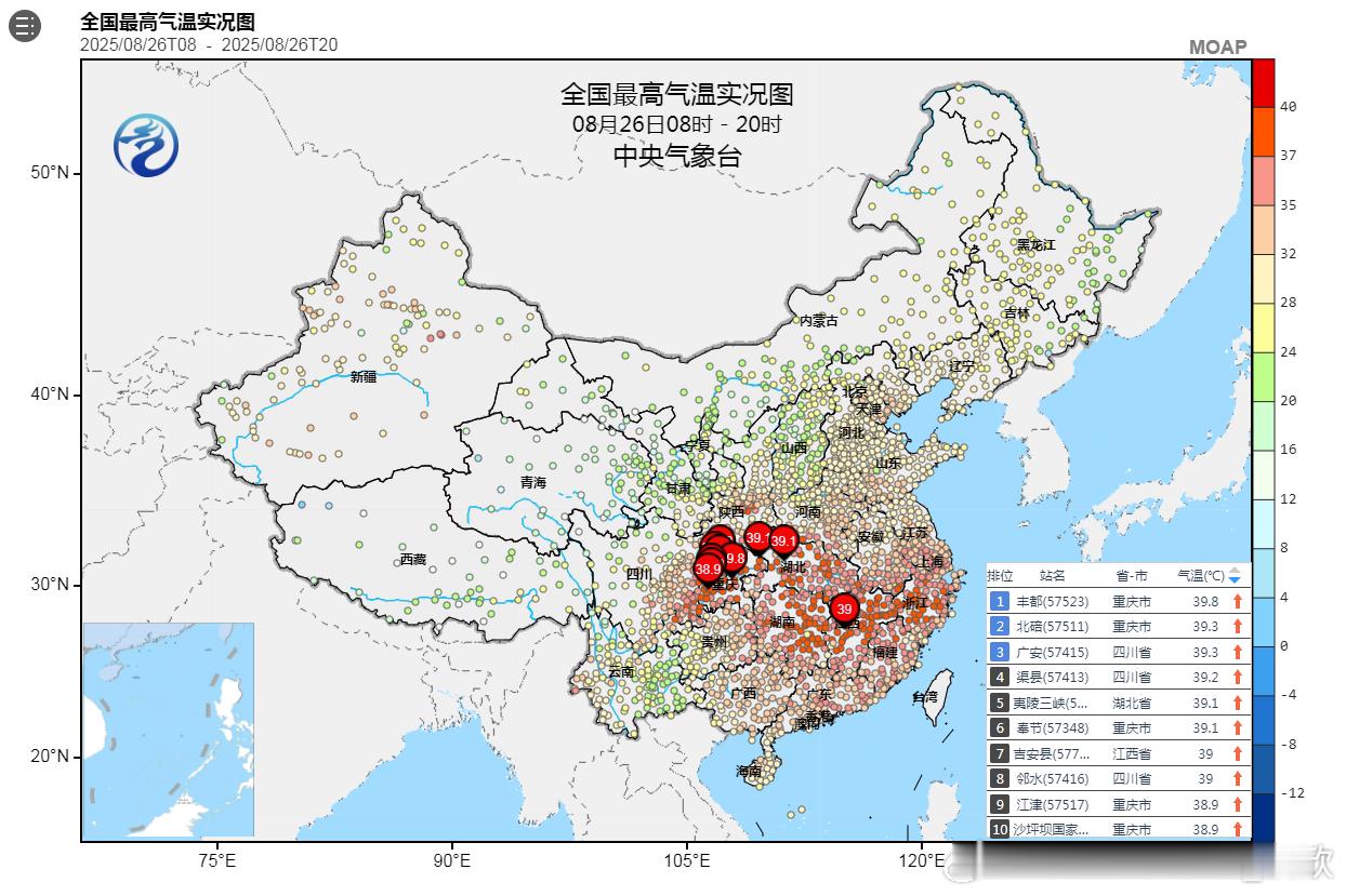【高温和降温】今天重庆四川湖北江西站点包揽高温榜前十。云南瑞丽35.2℃打破当地