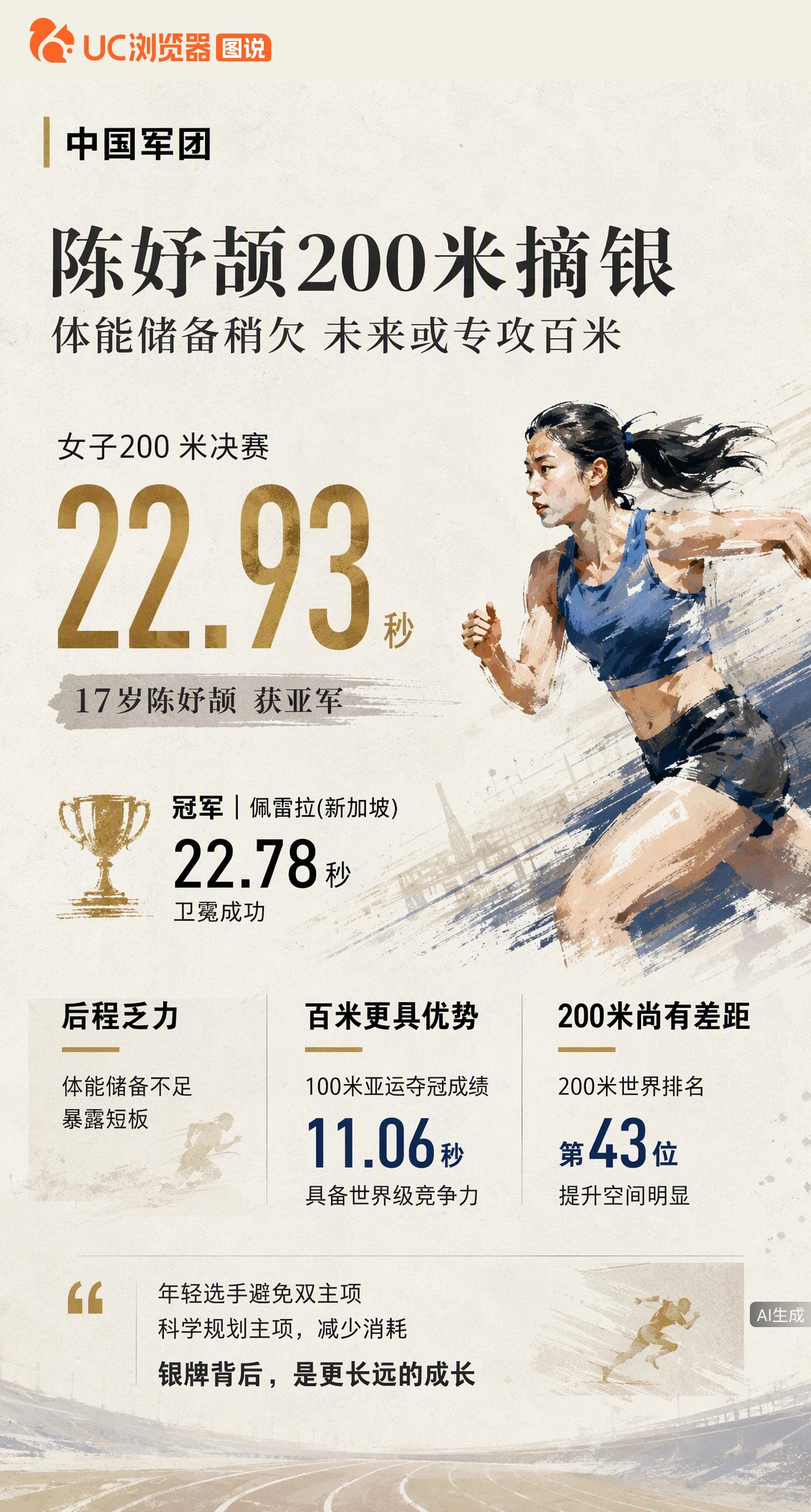 17岁陈妤颉200米22秒93摘银，惜败卫冕冠军佩雷拉。后程体能存短板，反观百米11秒06更具世界级