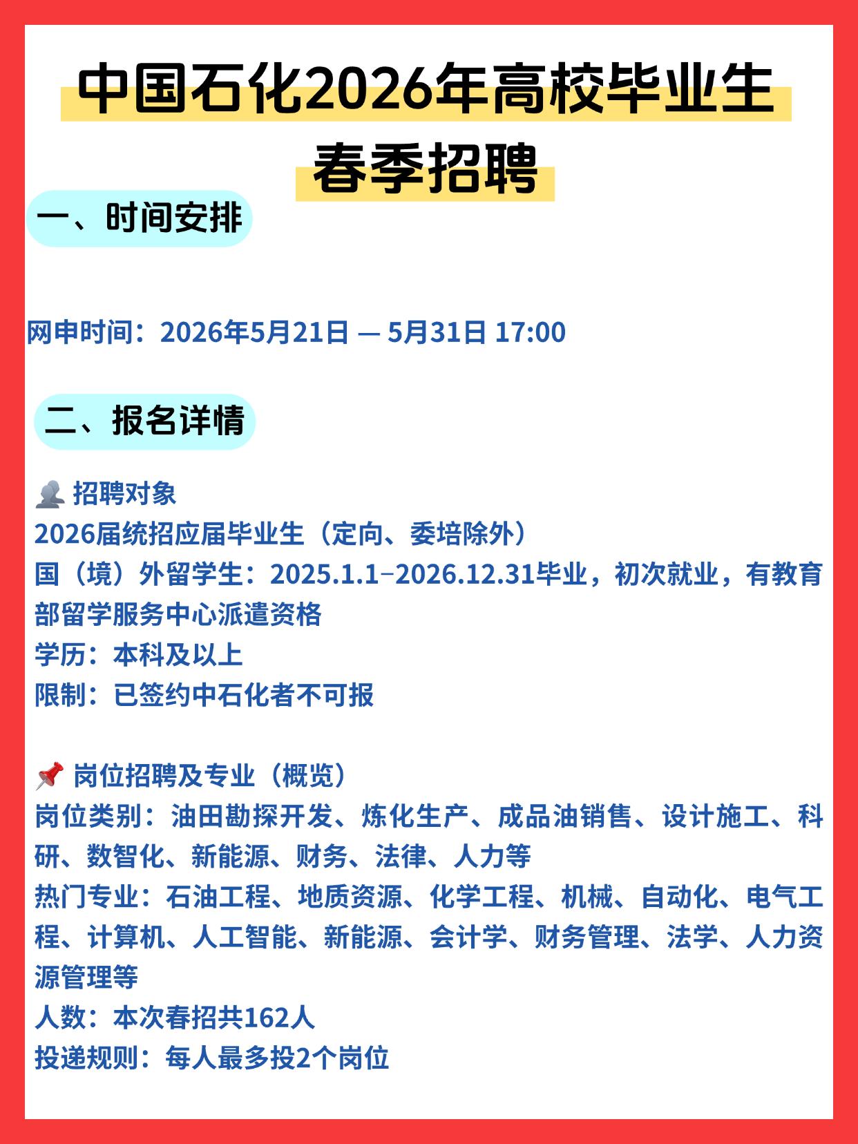 中国石化2026年度高校毕业生春季招聘来了，各位同学一定要打起十二分精神来对待这