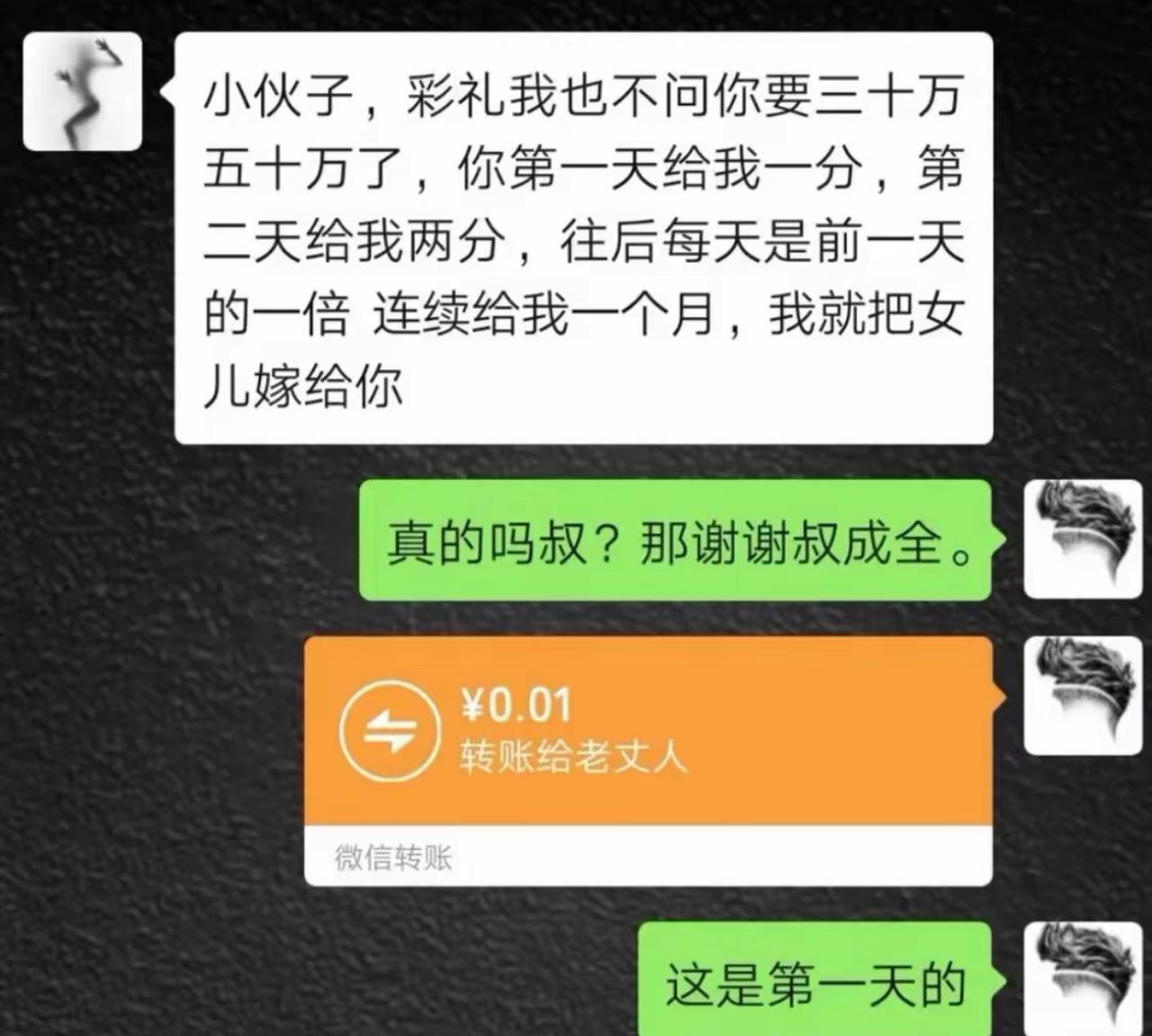 老丈人提出一个彩礼方案。三十万五十万彩礼都不要，玩个游戏。第一天给1分钱，第