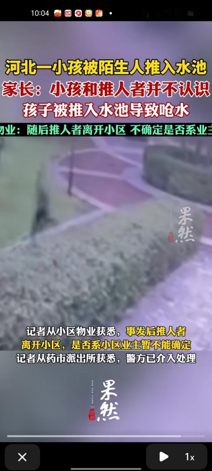 10月13日，保定安国市。网友发视频称，小孩被一陌生人推入水池，导致小孩呛水，小