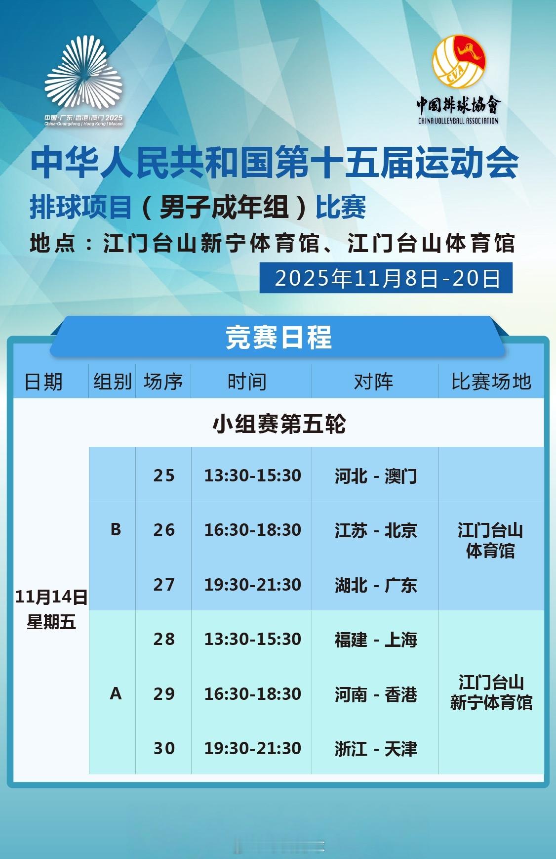 男排成年组小组赛今天（11月14日）的竞赛日程：今日看点，浙江男排、上海男排冲击