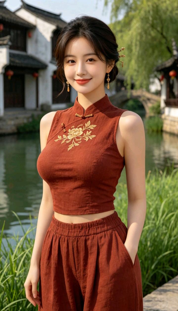 穿旗袍的女孩在河边微笑。一张照片能证明你也骑行山水风旗袍照旗袍风景写真