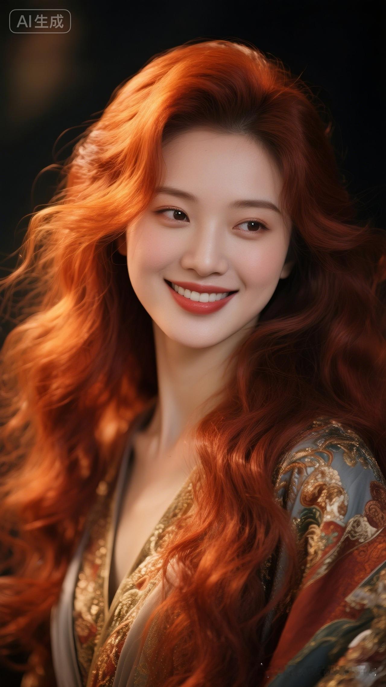 红发少女，微笑如春，AI生成，梦幻唯美！