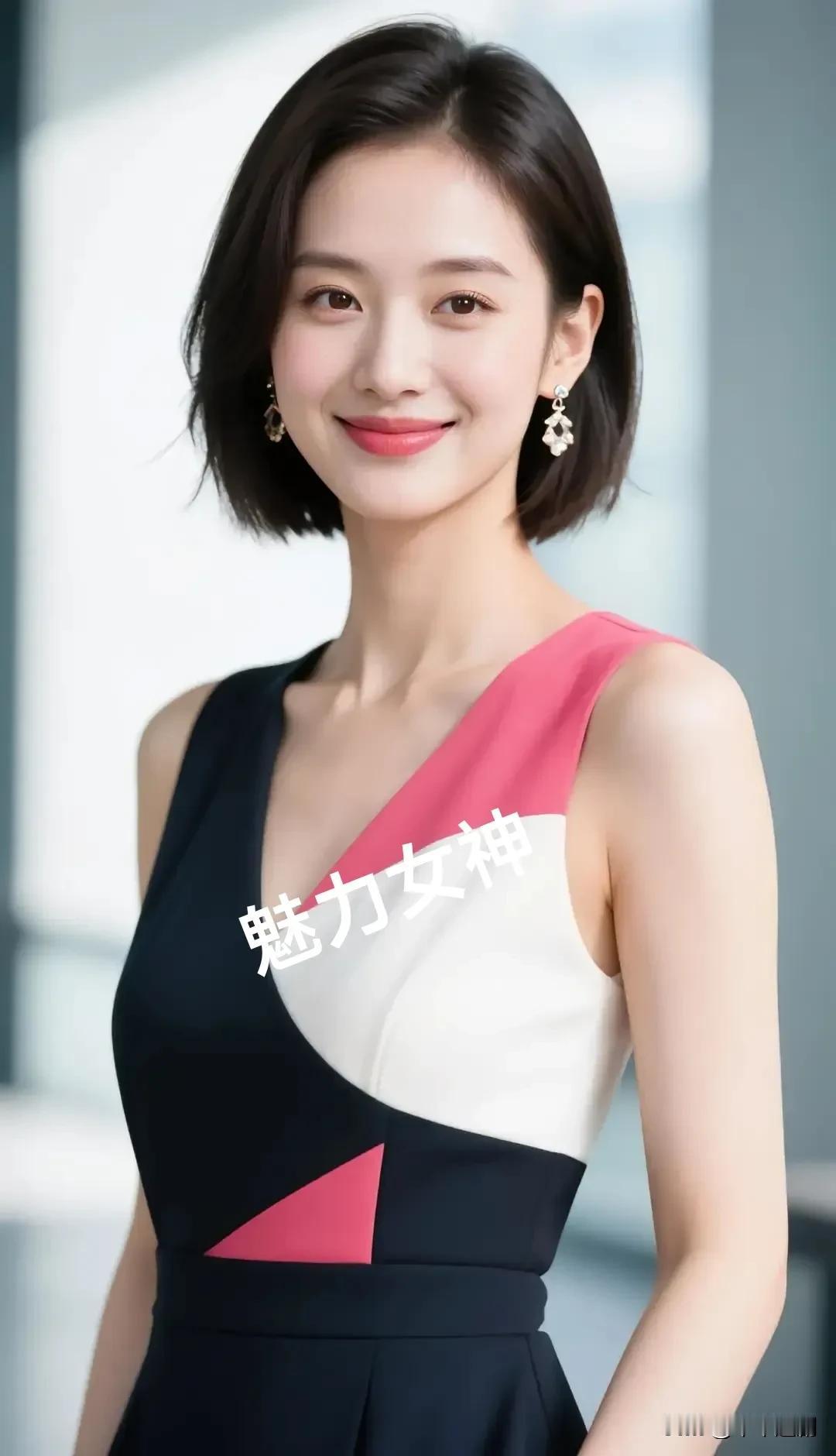 几何撞色裙装勾勒出干练轮廓，短发利落又不失柔美，浅笑间耳环轻晃，她将职场的精致与