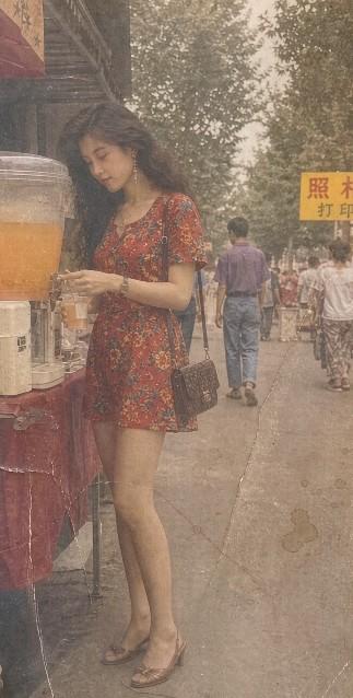1993年，在安徽蚌在火车站对面的街道一位漂亮的蚌埠女士在喝冷饮。九十年代的街