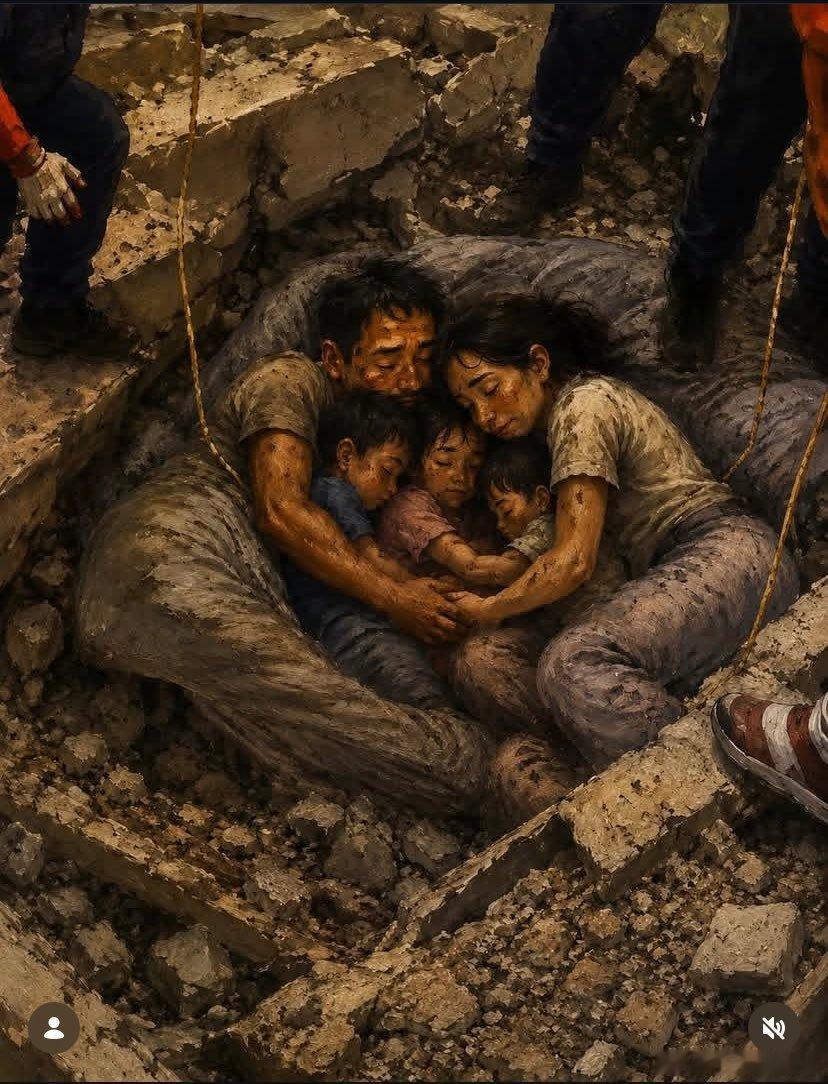 在委内瑞拉地震的断壁残垣下，全家人用最后的拥抱对抗死亡。废墟之下，他们合为一体，