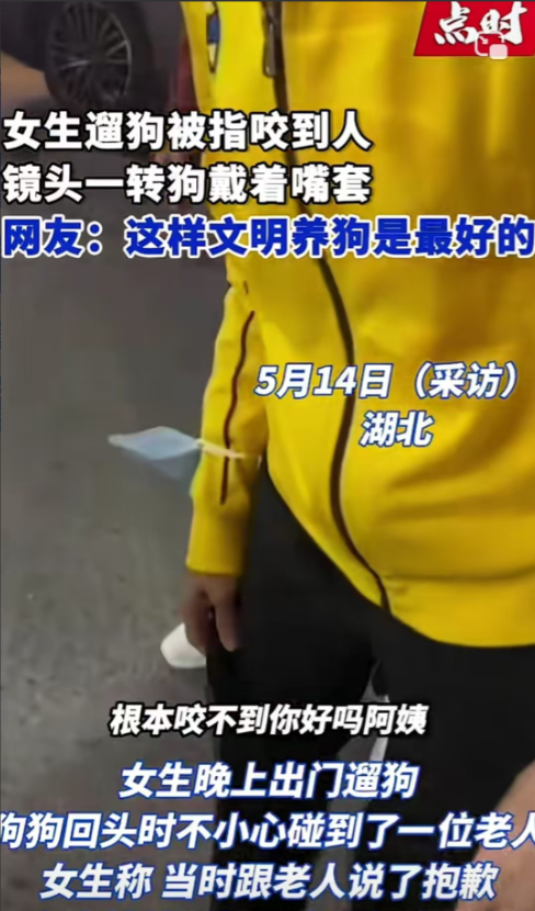 湖北，女子下楼遛狗，狗子回头的时候不小心碰了一下过路老人的腿，女子道歉后老人离开