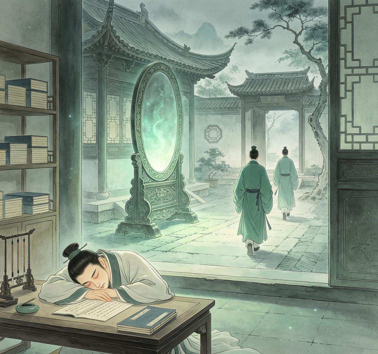 清朝时，湖州沈炳震有一天在书房里午睡，梦见一位青衣仆人领着他来到一处院落，屋内几