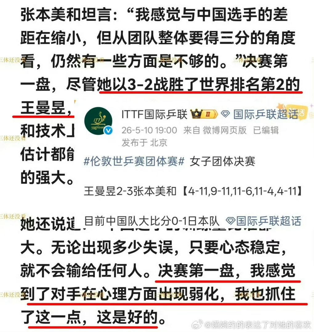 人类的悲欢总是不同的面对孙颖莎是：我们并不在同一水平线上，拿一分都是侥幸面对这场