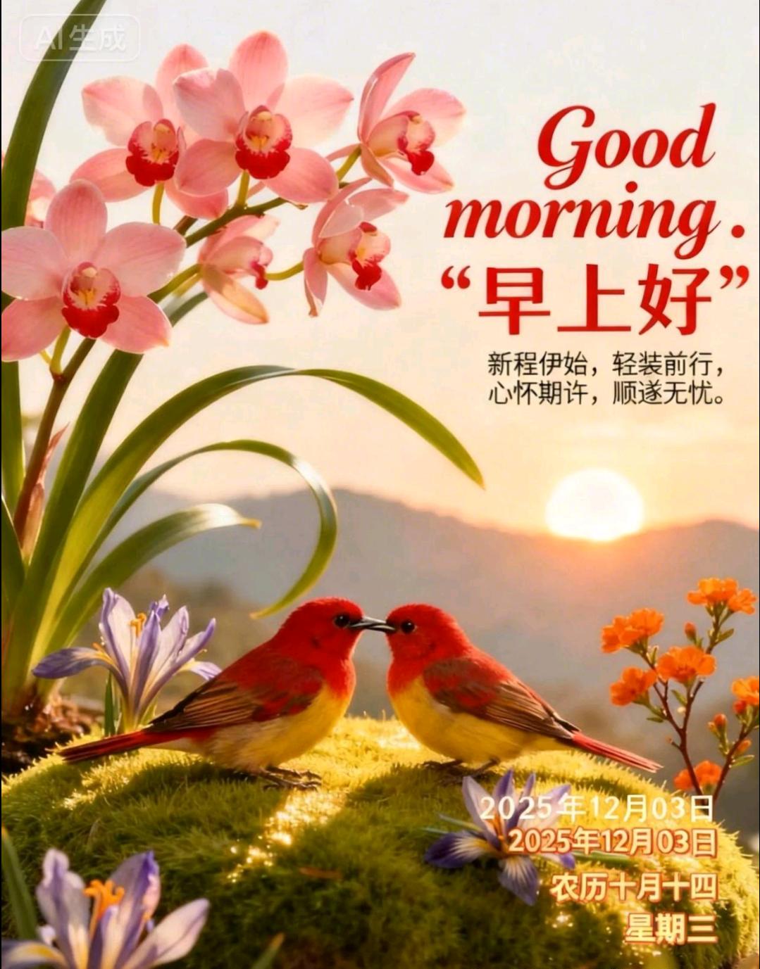 🌅清晨第一缕阳光，捎去我的问候。愿你在新的一天保持乐观的心态，积极面对生活中的
