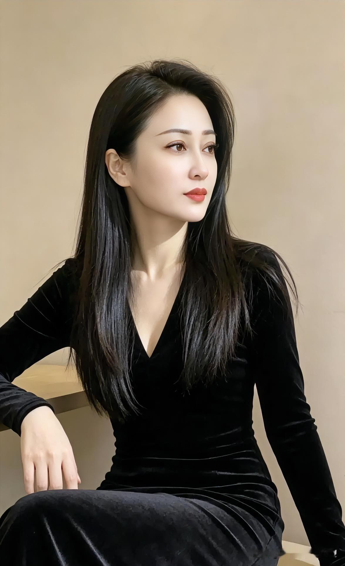 丝绒深V领衬肤显瘦，长发披肩温婉，黑衣优雅，勾勒从容气质。