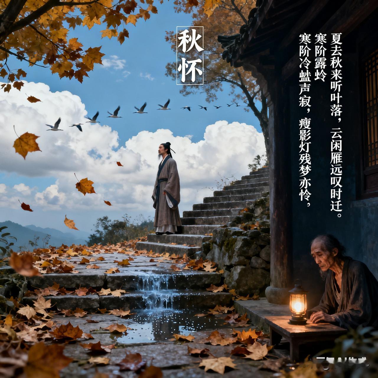 《秋怀》乐韵诗心原创诗词:夏去秋来听叶落，云闲雁远叹时迁。寒阶露冷蛩声寂