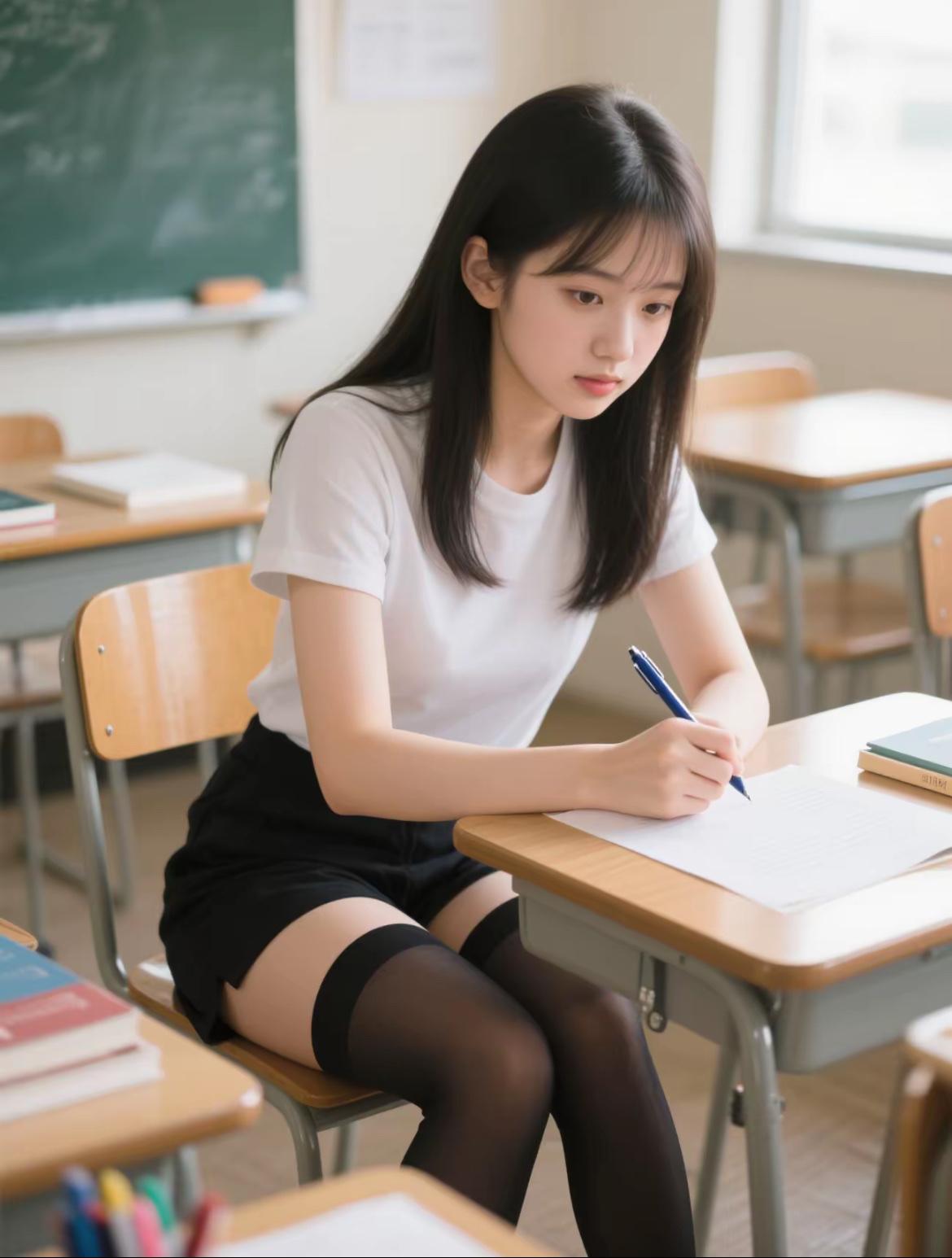 阳光洒进教室，少女认真书写，静谧的学习时光。淡雅少女美女老师写字