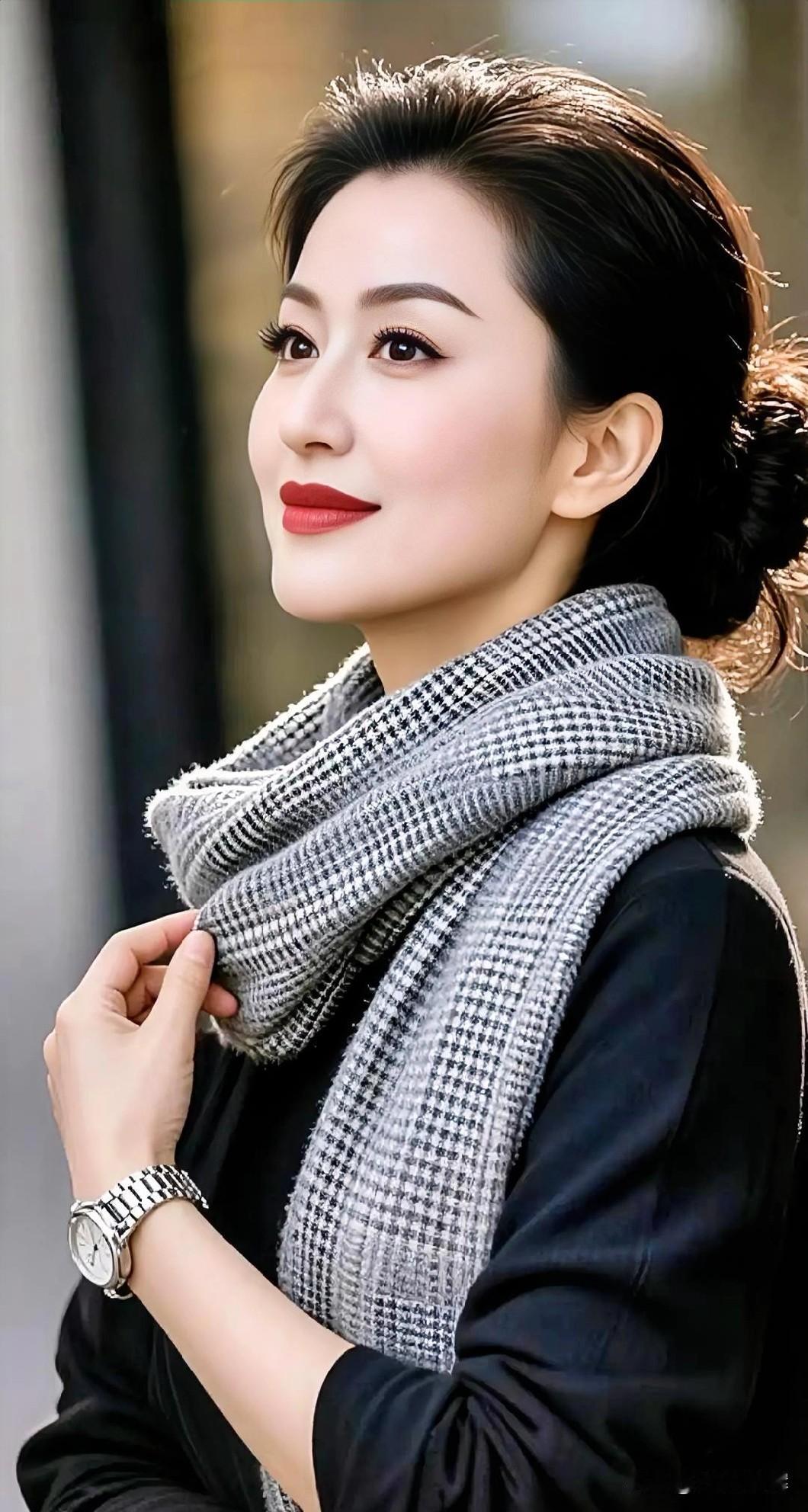 暖阳漫过肩头，格纹围巾裹住温柔。黑发盘起岁月的从容，红唇漾开生活的诗意。以优