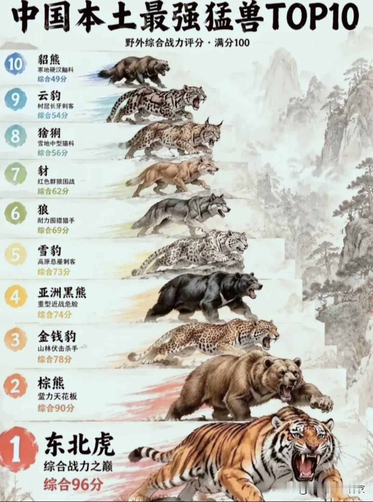 中国本土猛兽战力榜！我要把东北虎🐅排第一，有意见吗？！一份国内本土猛兽T