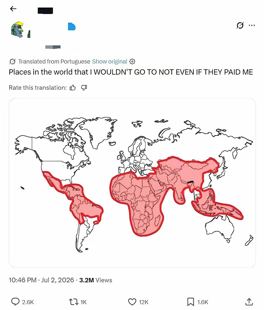 一位海外知名地理博主的一张“旅游禁区”地图在外网疯传。他说：“红圈的地方给我钱我