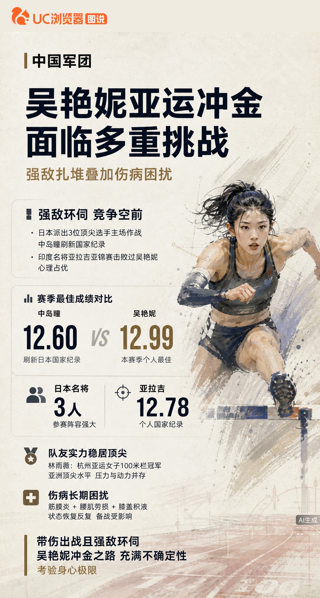 名古屋亚运女子100米栏冲金告急！吴艳妮赛季最佳12秒99，落后日本中岛瞳0.39秒；筋膜炎、膝盖积