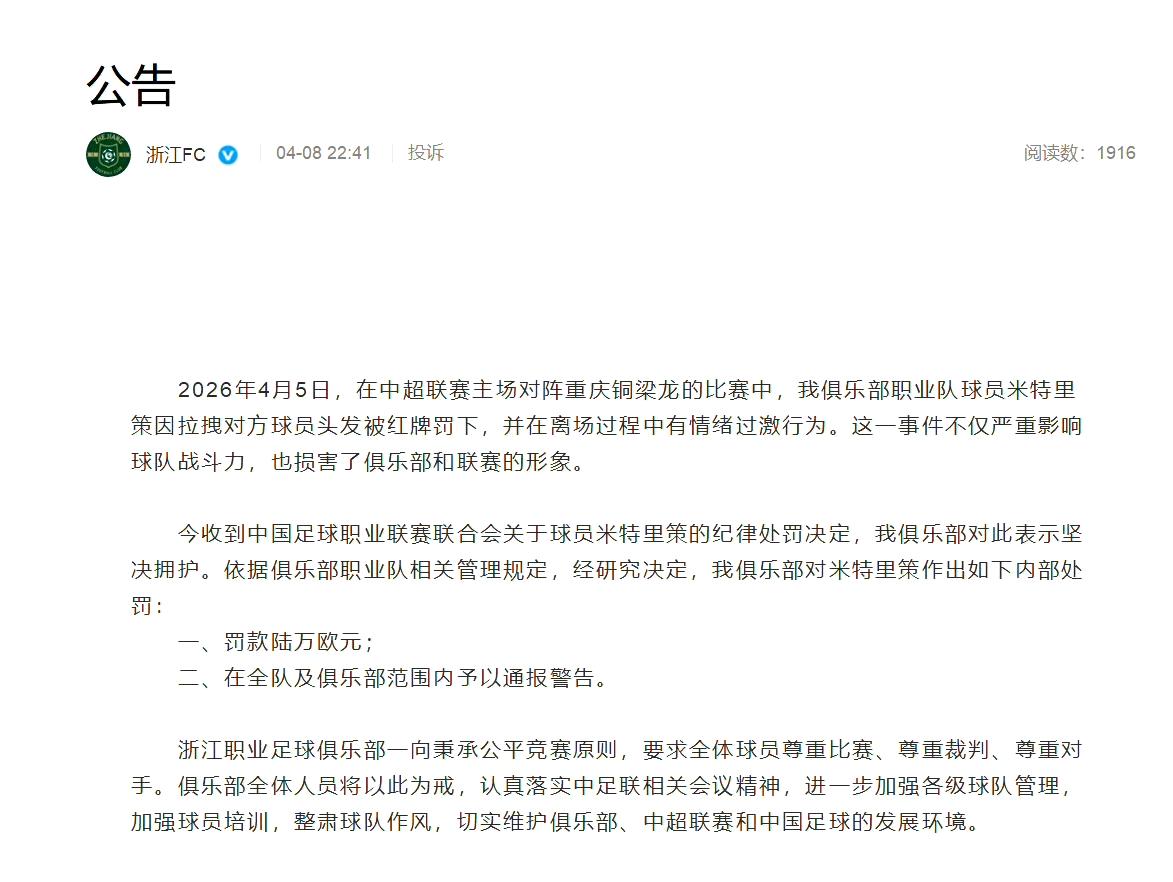 这一把头发薅的太贵了，浙江需要托利奇和王钰栋站出来了。米特里策被追加处罚4场，