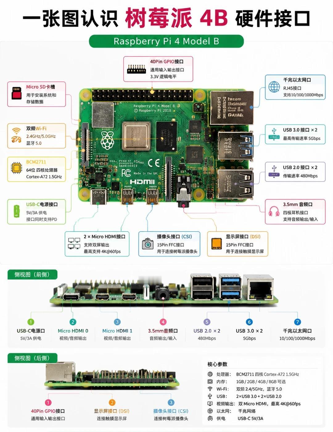 一张图认识树莓派4B硬件接口❗️❗️树莓派4B虽然只有巴掌大小，却拥有强大的扩