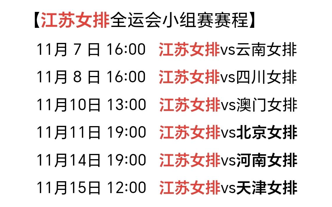 全运会|江苏女排小组赛赛程江苏女排全运会小组赛赛程如下:11月7日16:0