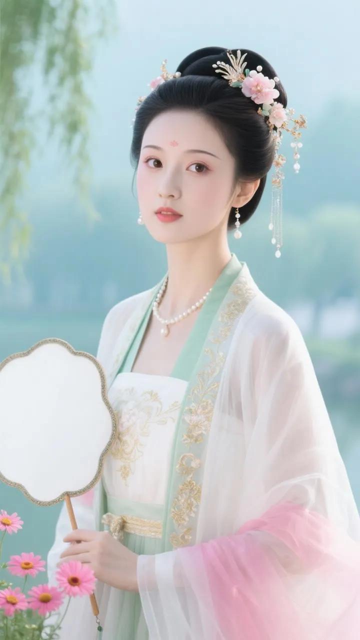 古典美人手持团扇，花间漫步，韵味十足。