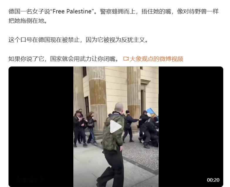 果然是万法归源，天下纳粹是一家。德国一名女子说“FreePalestine”，