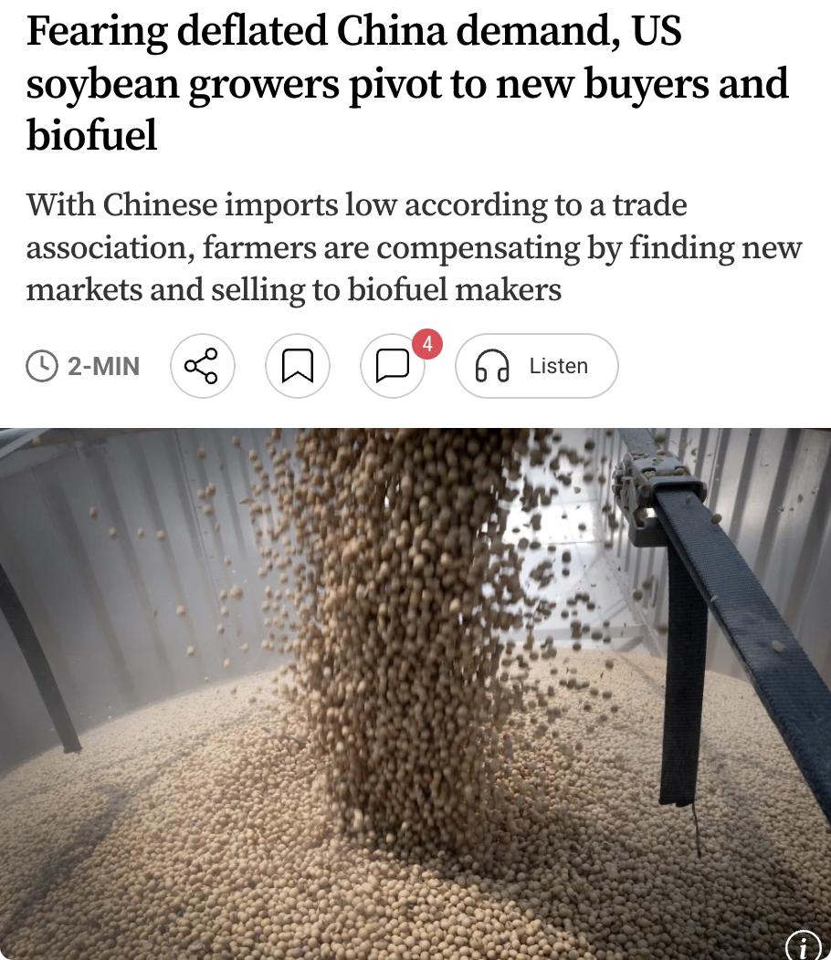 外媒：美国大豆种植者因担忧中国需求萎缩，正转向新买家和生物燃料市场寻求出路。