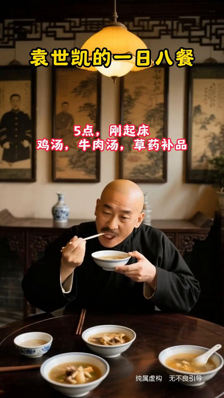 袁世凯的一日八餐。·5点刚起床，鸡汤、牛肉汤、草药补品。·7点正式早餐，4个