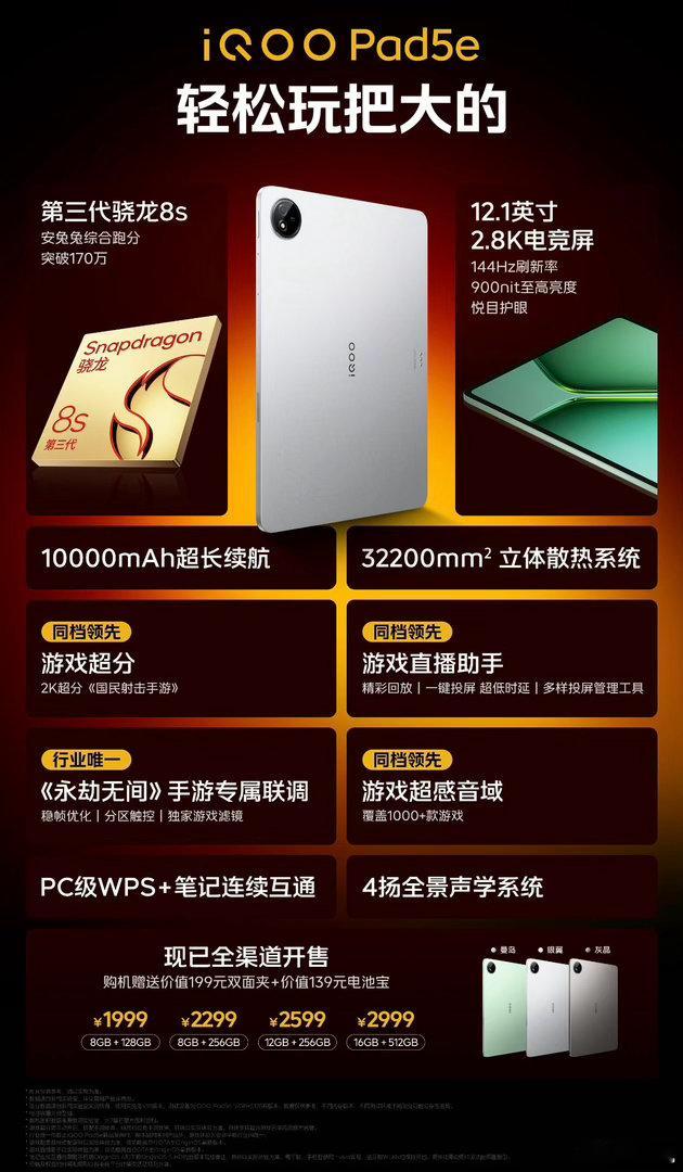 iQOOPad5e这波是真的把游戏党拿捏了！骁龙8s+144Hz2.8K电竞