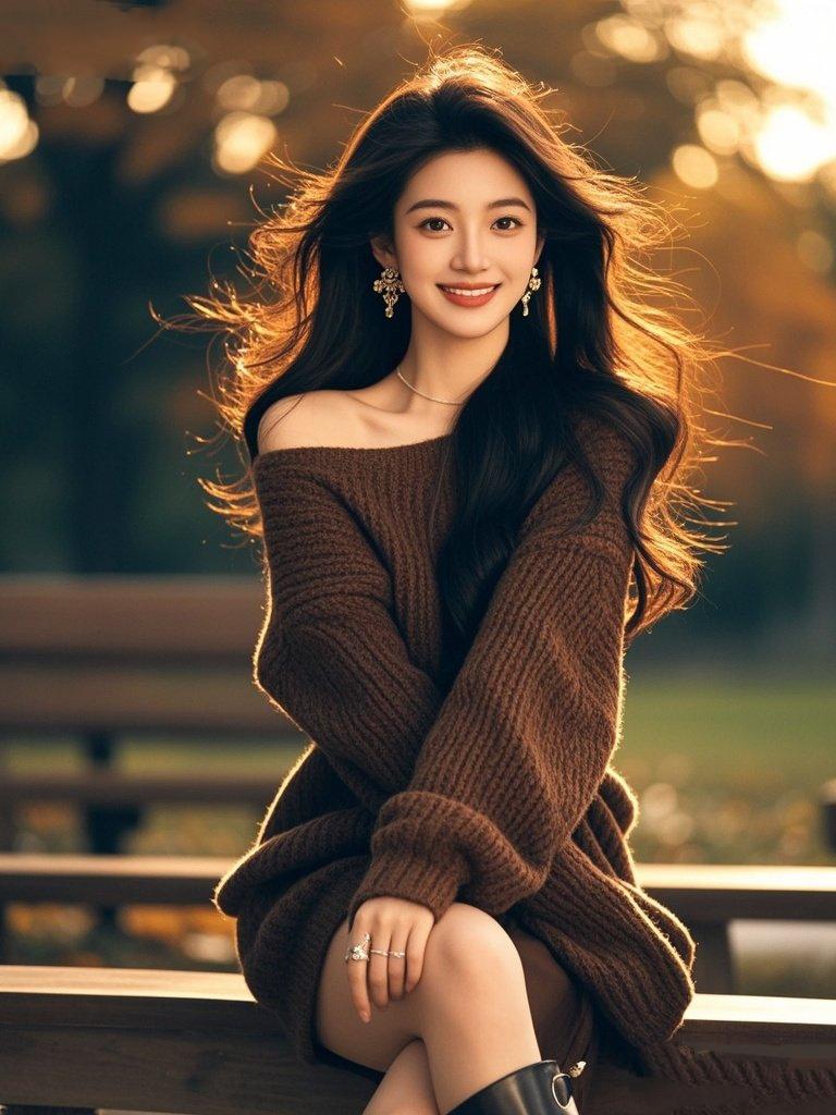 《焦糖晚风》焦糖色的针织纹，裹住秋的温软风撩起发梢，卷着落日的金边耳坠