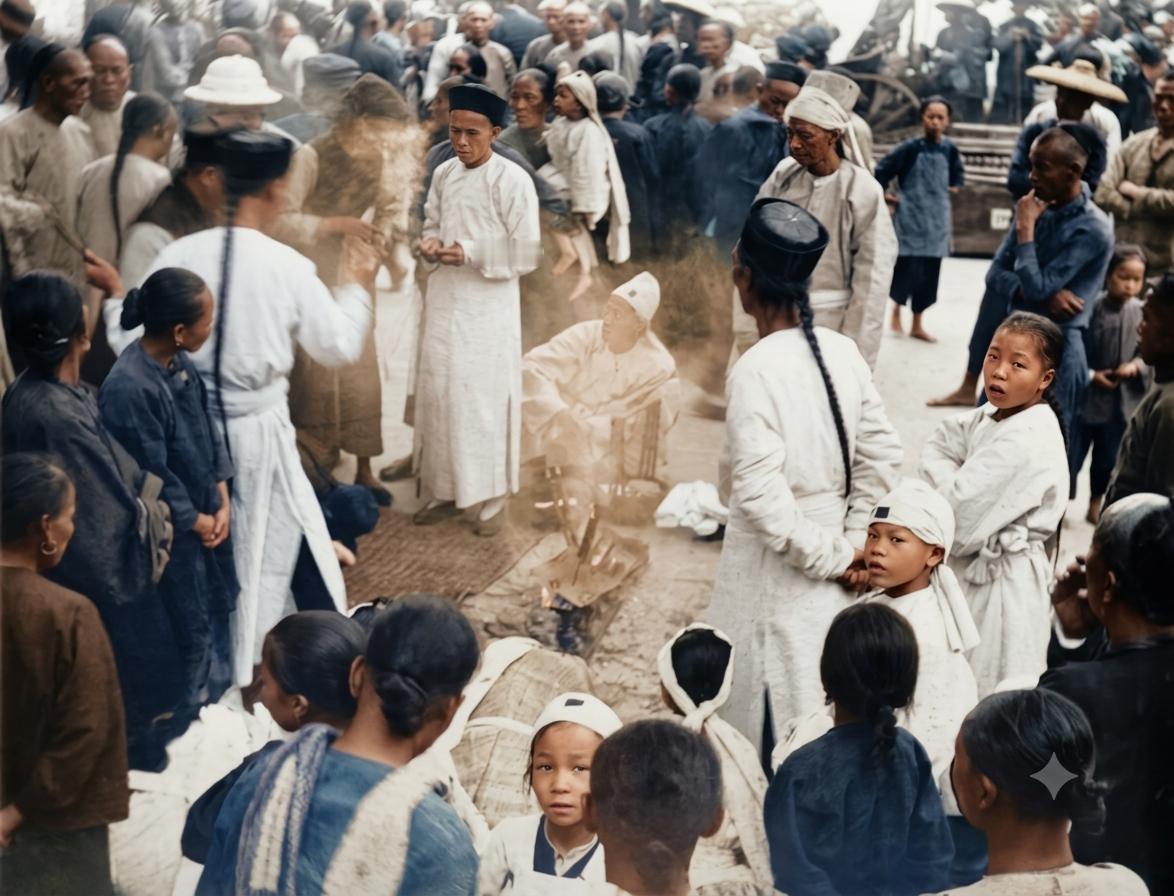 清末，街头露天布道，一位教士坐于当中，四面八方挤满清末百姓，男子留晚清长辫、妇女