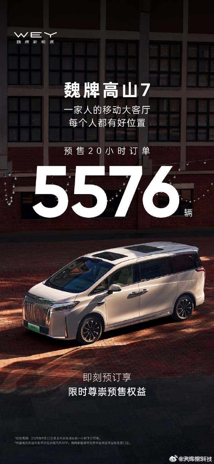 高山7预售20小时订单5576辆魏牌高山7正式开启预售，预售价为28.98万元