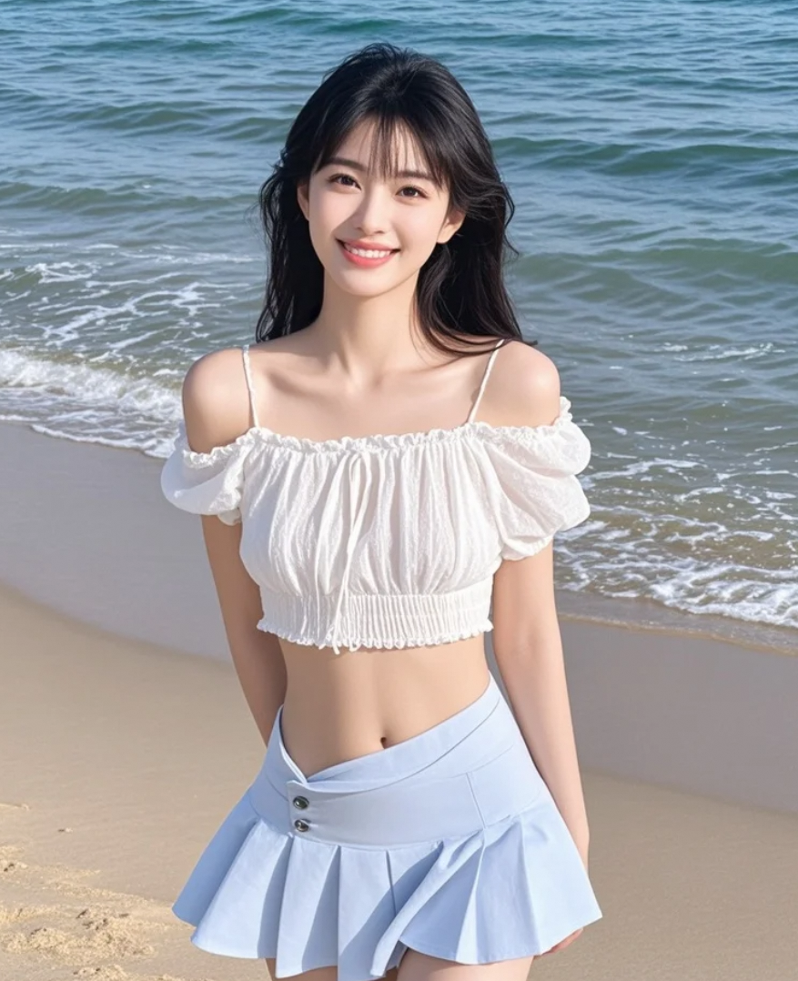 美女在海边沙滩上漫步，阳光与海风交织出最美的画面