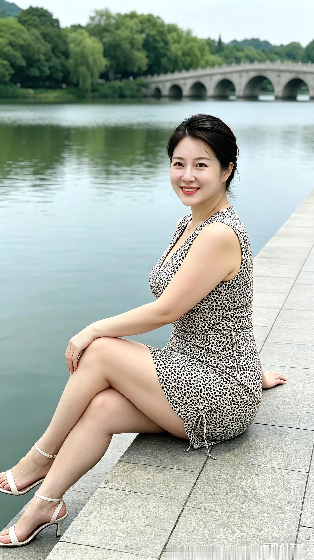 打油诗湖水悠悠映石桥，林间翠色暖风飘。裙缀斑点身姿俏，浅笑嫣然气质娇。