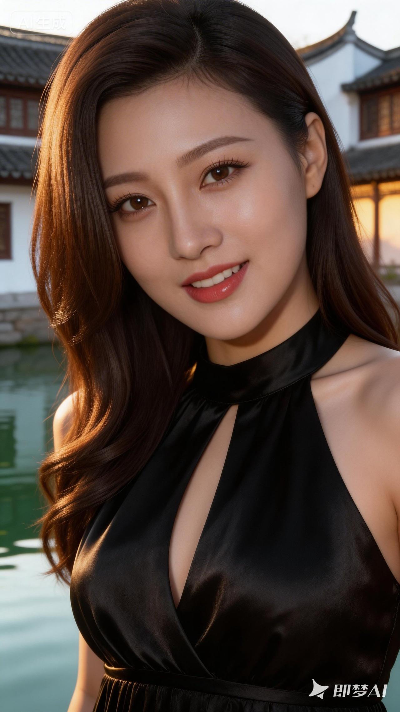 优雅黑裙，古风庭院，甜美笑容，惊艳时光