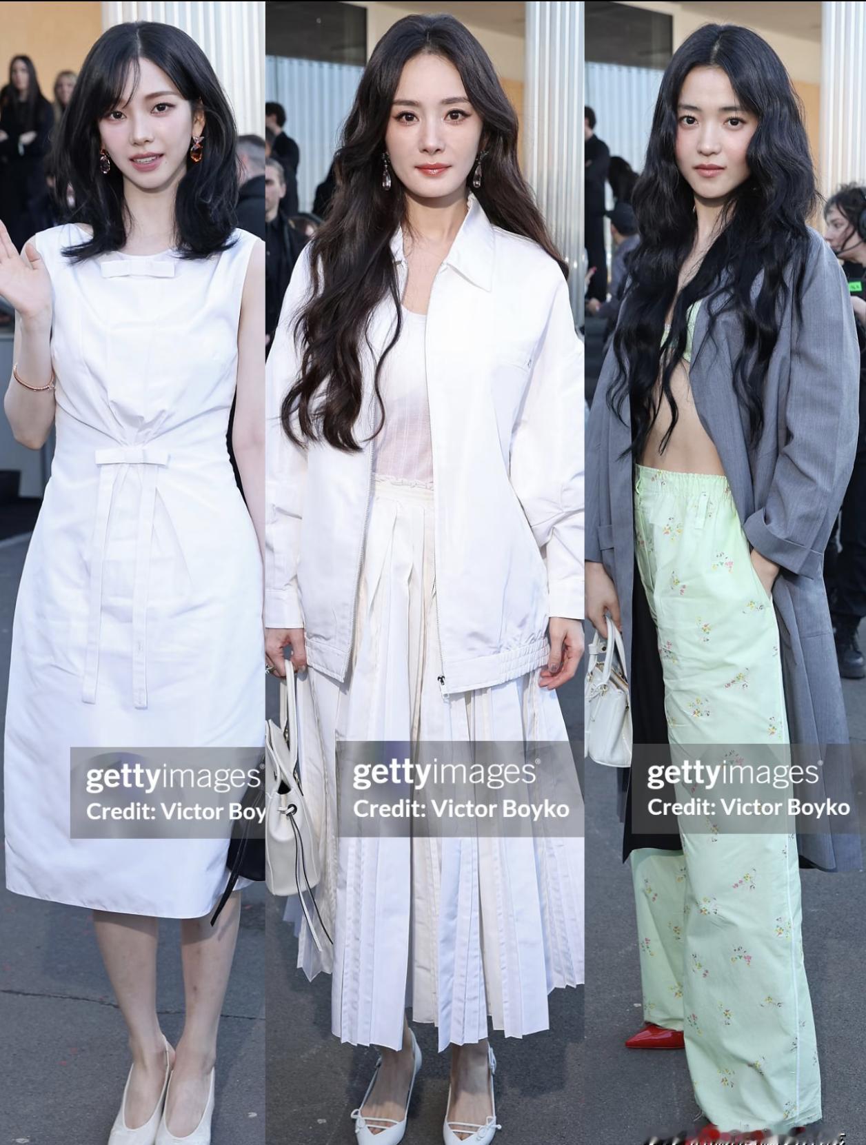 36岁的杨幂，在米兰把两位韩国顶流“秒”了。不是形容词，是Prada大秀现场的