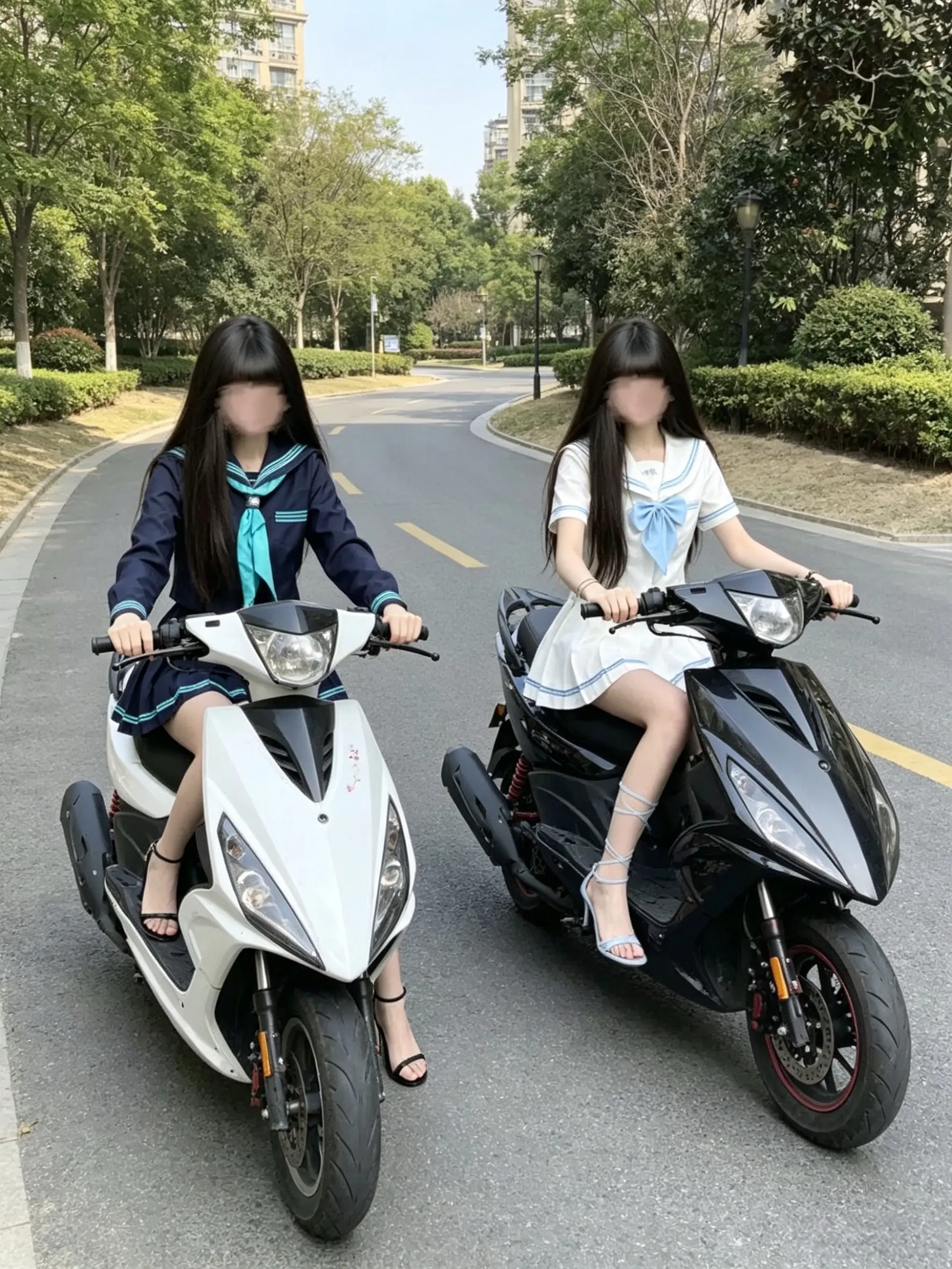jk摩托 女生骑行自行车 踏板摩托车 美女车模 女骑